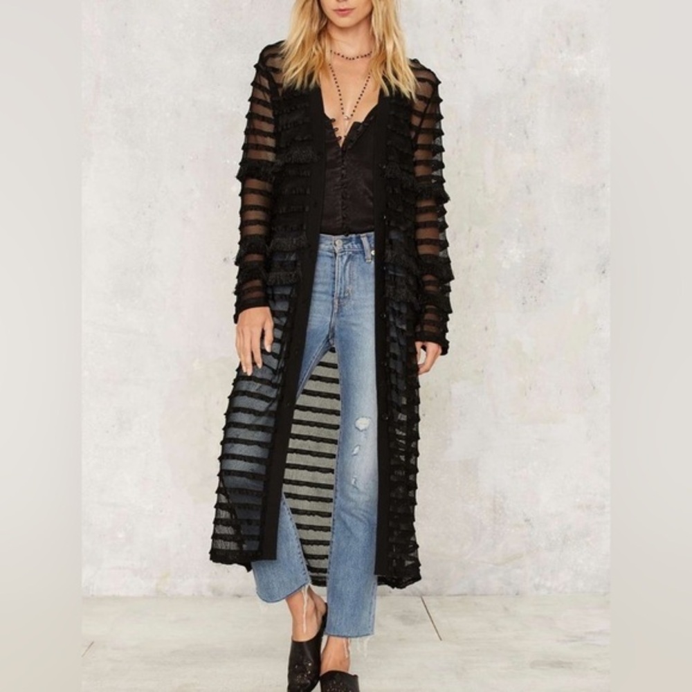 Endless Rose Sheer Striped Fringe Duster Maxi Cardigan